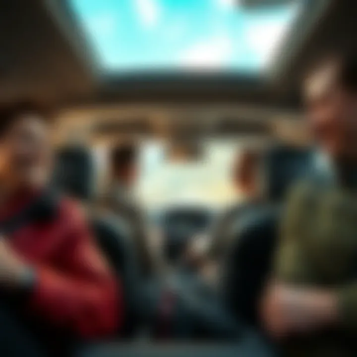 A group of diverse people sharing a ride in a modern car, smiling and enjoying the journey together while picturesque scenery passes by outside.