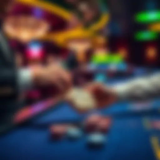 A player handing cash to a dealer at a casino table while chips are ready for play