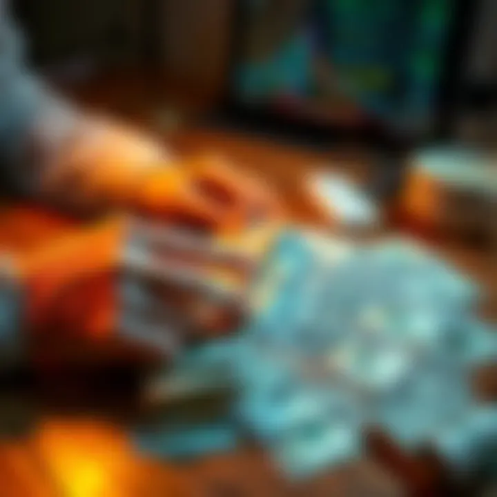 A person counting cash with dollar bills spread out on a table, symbolizing quick money-making strategies.