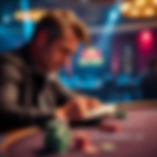 A player studying poker strategies with a notebook and chips on the table, focused on higher stakes games.