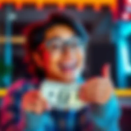 A person happily receiving cash rewards from Playsoff, showing a smile and holding the money excitedly.