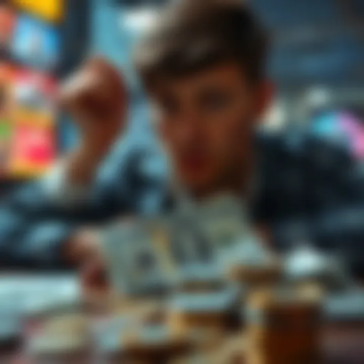 A person pondering over whether to take cash winnings or wait for a potentially higher amount, with a visual of cash and coins on a table