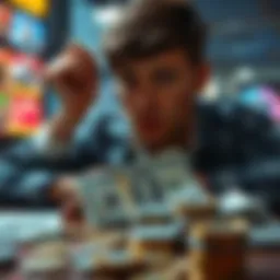 Decision on cash winnings A person pondering over whether to take cash winnings or wait for a potentially higher amount, with a visual of cash and coins on a table