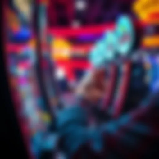 A casino player cashes out winnings from a slot machine, with colorful lights and spinning reels in the background.