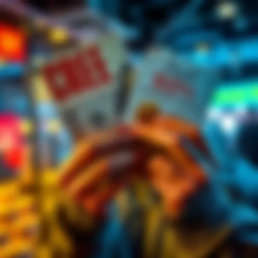 A person holding cash and promotional flyers offering discounts and free money opportunities.