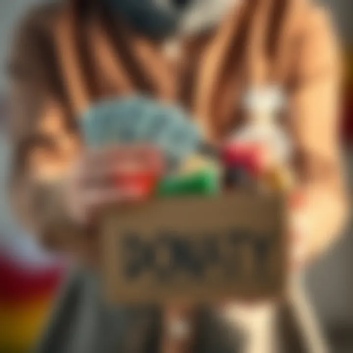 A person holding cash and a donation box filled with goods, comparing options for charity support
