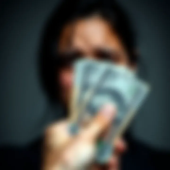 A hand holding cash with a pained expression in the background, symbolizing the emotional impact of cash transactions.