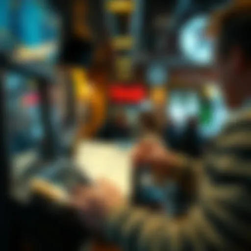 A person placing a cash bet at a TAB kiosk in a pub, showing a betting slip and cash transactions.