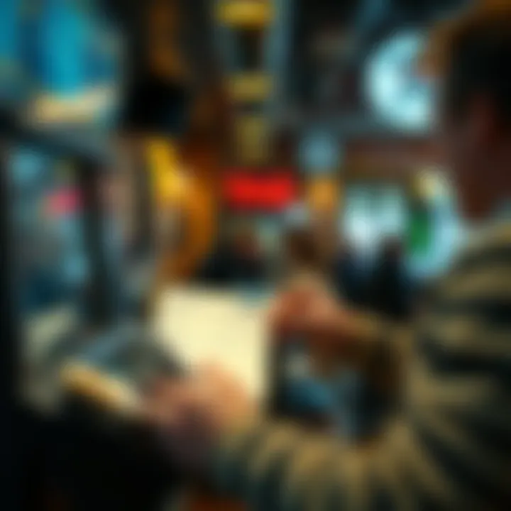 A person placing a cash bet at a TAB kiosk in a pub, showing a betting slip and cash transactions.