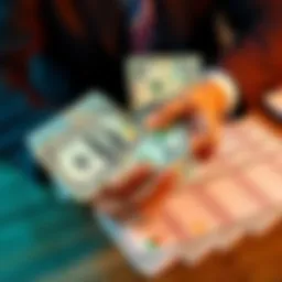 A person holding two dollar bills with betting slips on a table, symbolizing the chance to win big money.