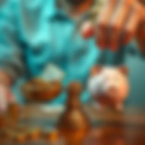 A person weighing options between cashing out money and saving it, with coins and bills on one side and a piggy bank on the other