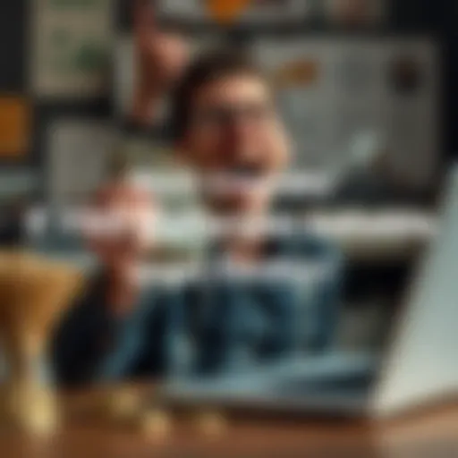 A person excitedly holding cash with a laptop open showing financial opportunities.