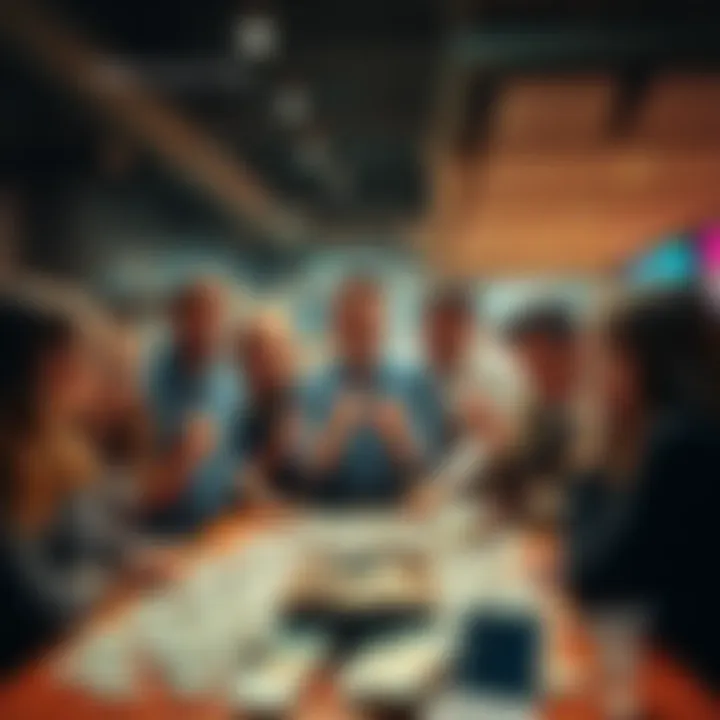 A group of excited people gathered around a table with cash, showcasing an event focused on the thrill of money exchange.