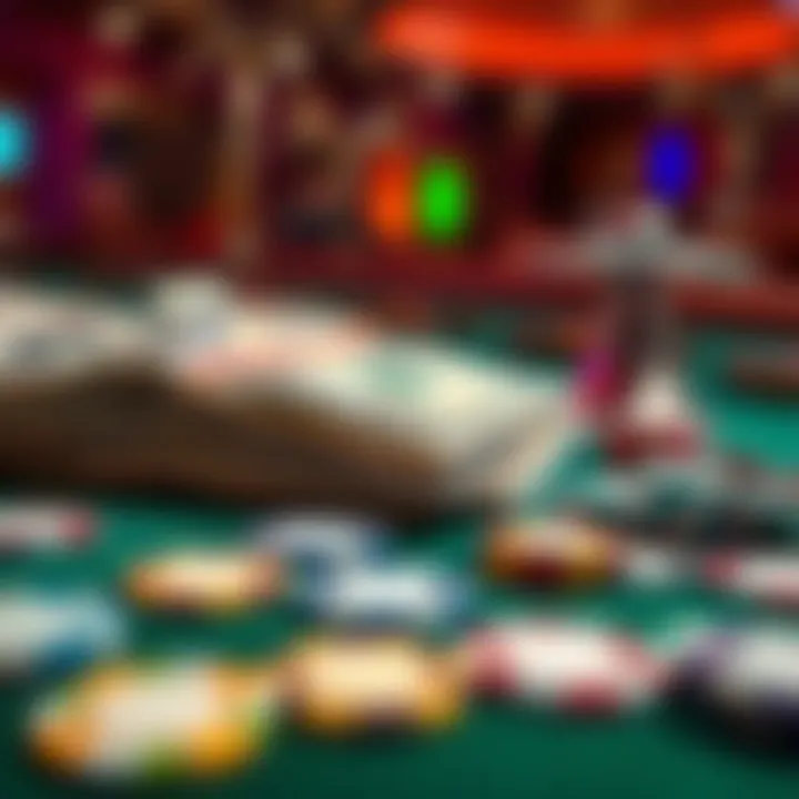 A close-up of cash and colorful gambling chips on a casino table, illustrating tips influence on gambling losses.