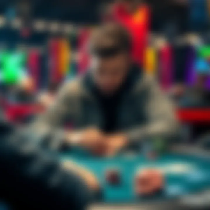 Cash game player focused on strategy A focused poker player sitting at a cash game table, studying cards and chips, contemplating strategies to overcome the fear of losing money.