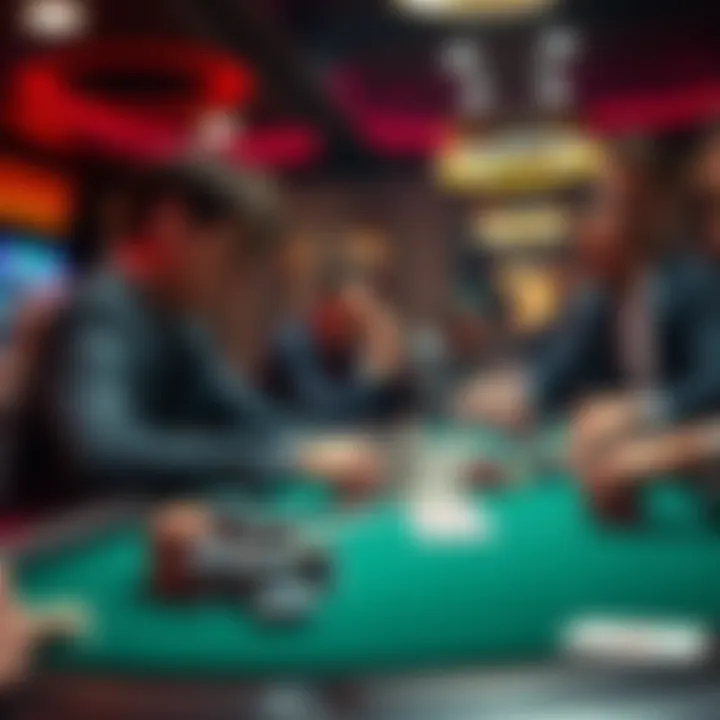 Cash Game Poker Table A tight aggressive poker player at a cash game table, focused on their cards with chips stacked in front of them, opponents in the background looking uncertain.