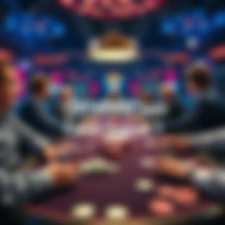 A group of players at a cash game table discussing strategies, with chips and cards visible.