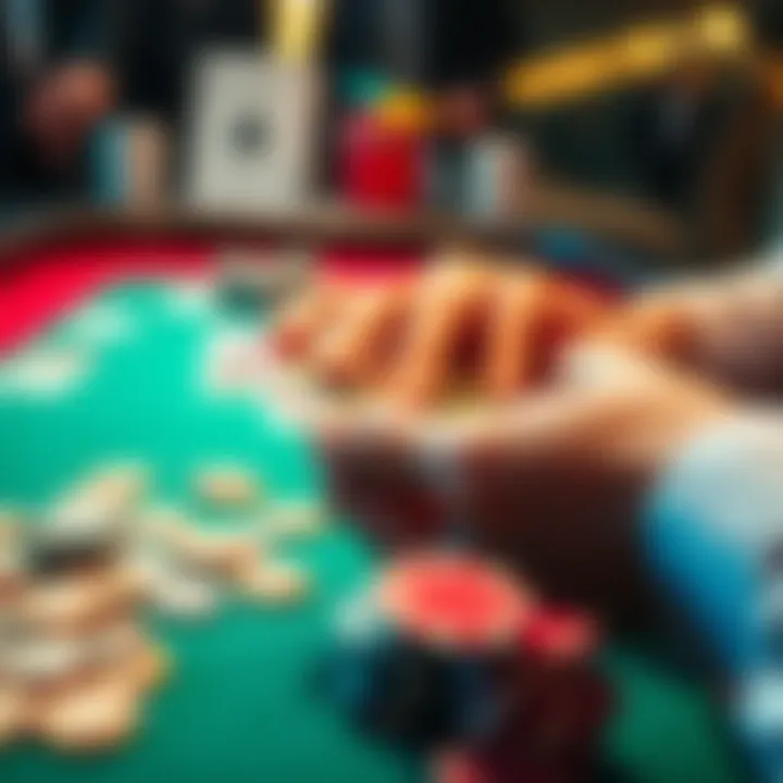 A close-up of hands holding poker chips and cash on a gaming table with colorful cards in the background.