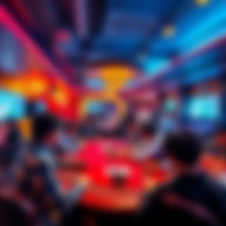 A lively poker room in Taipei with players engaged at tables, showcasing vibrant atmospheres and card games.