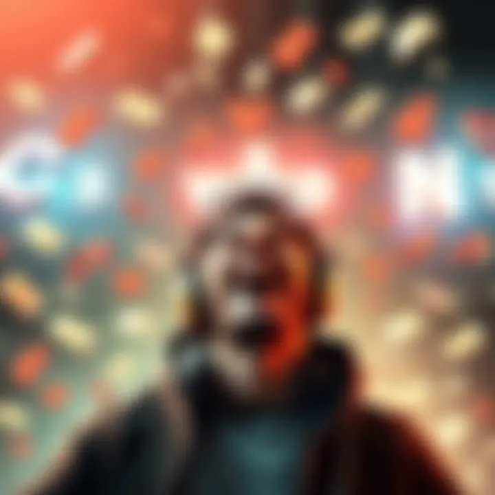 A person celebrating with cash and gaming icons around them, representing success in CS2