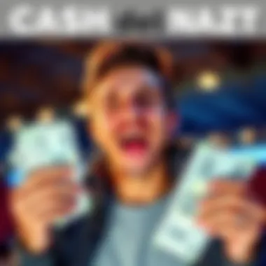 A person looking excited while holding cash and betting tickets, celebrating potential winnings from night longshots.