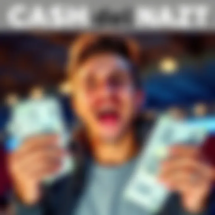 A person looking excited while holding cash and betting tickets, celebrating potential winnings from night longshots.