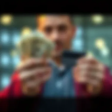 A person holding cash in one hand and a credit card in the other, contemplating the best payment option.