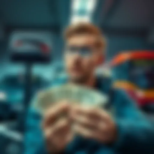 A person holding cash while contemplating different driving options, such as a car and a bus, with a thoughtful expression