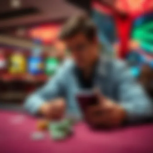 A person contemplating cashing out their gambling winnings at a casino table, looking at chips and a smartphone with options.