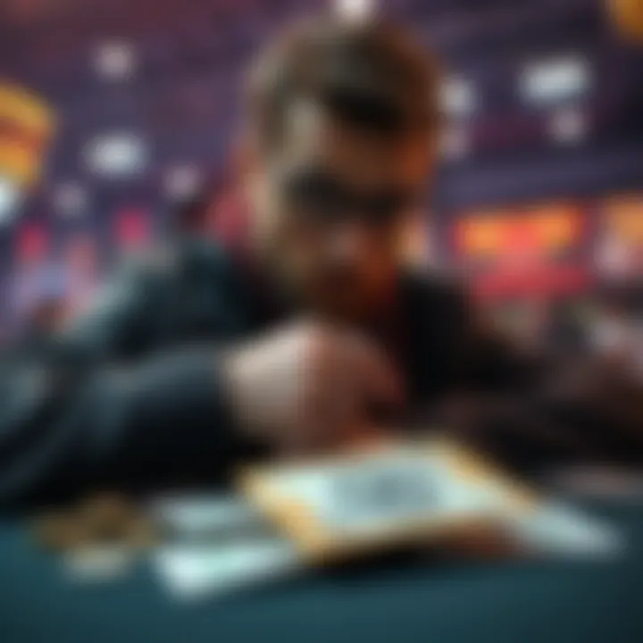 Cash-out Decision Making A person contemplating whether to cash out money or wait for a game to start, with money and a game ticket on the table.