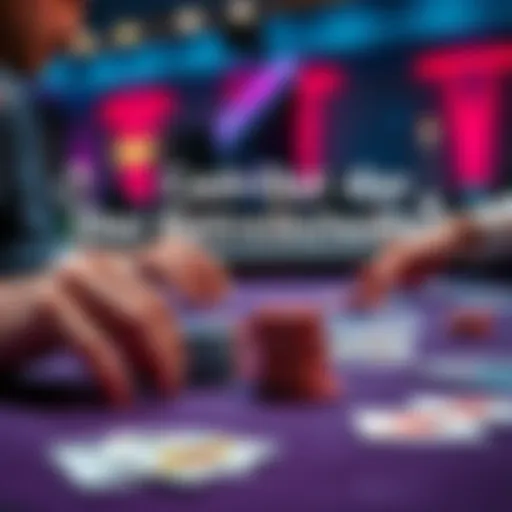 A close-up of a poker table with chips and cards, showing a player contemplating whether to cash out or continue playing.