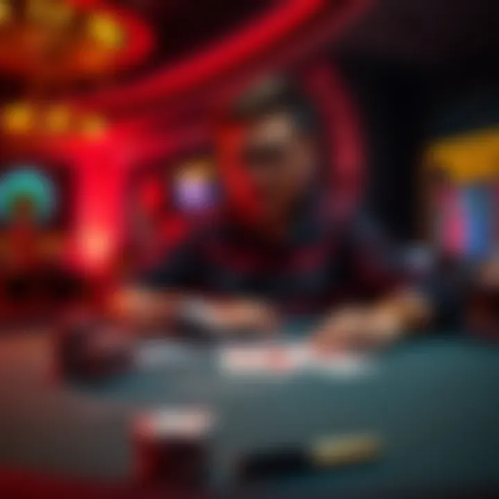 Cash Out or Keep Playing Decision A person at a casino table weighing options to cash out or continue playing, with chips and cards in front of them.