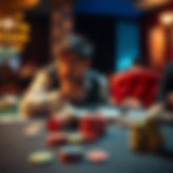 A person pondering a decision between cashing out money or continuing to play at a gaming table, with chips and cash visible on the table.