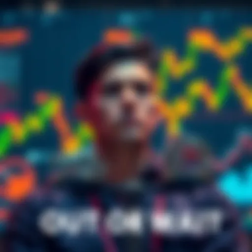 A person weighing options between cashing out investments and holding them, with financial charts in the background.