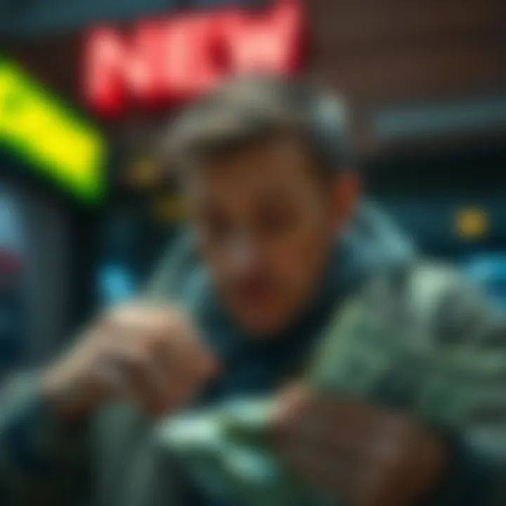 A person counting cash with a goal of cashing out at $50. They have a thoughtful expression as they weigh options and considerations.