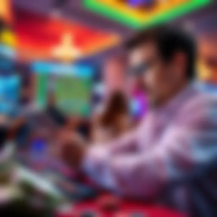 A person analyzing gambling options on a digital device with money symbols around