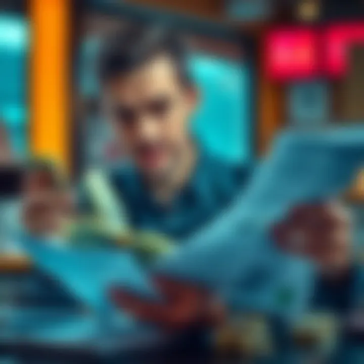 A person counting cash and reviewing financial documents with a thoughtful expression