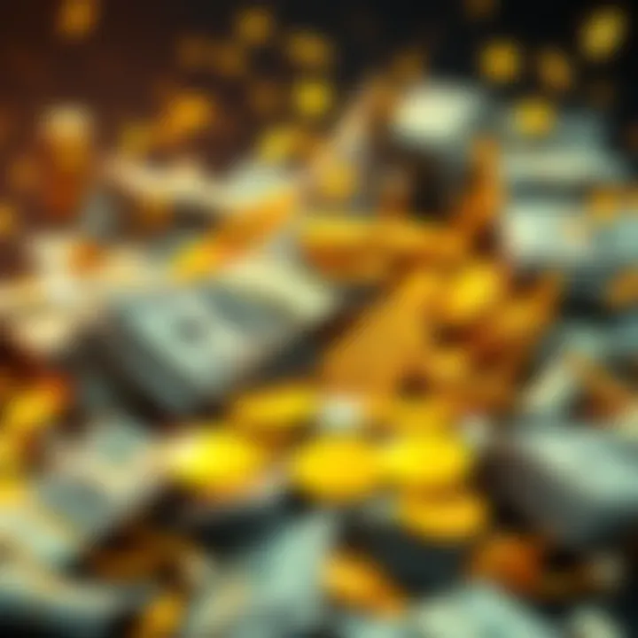 A pile of cash with golden coins, representing cash prizes and winnings.