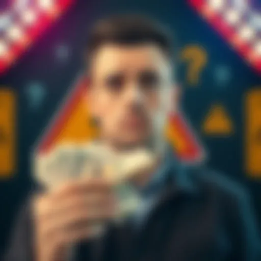 A person looking concerned while holding cash, with warning signs and a question mark in the background.