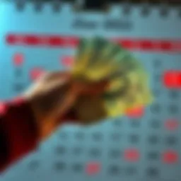 A hand holding cash with a background of a calendar representing monthly tips and predictions