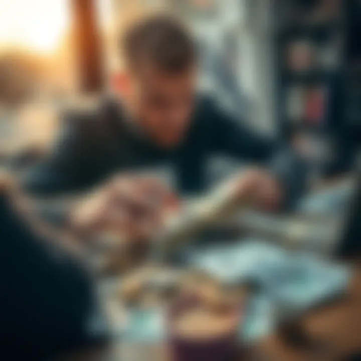 A person counting cash money while sitting at a table, surrounded by bills and coins, illustrating the importance of cash transactions in daily life.