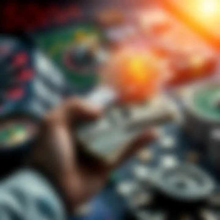 A person holding a $2500 cash stack with a goal of turning it into $25000, surrounded by images of bets and investments.