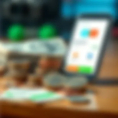 A comparison of cash and digital payment methods, showing a stack of coins next to a smartphone with a payment app open.