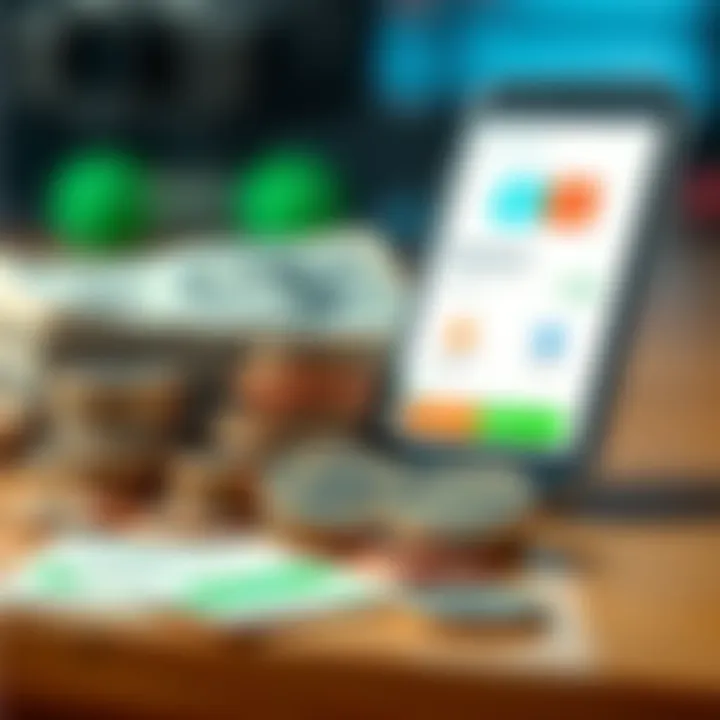 Cash vs Digital Payment A comparison of cash and digital payment methods, showing a stack of coins next to a smartphone with a payment app open.