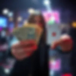 A person holding cash in one hand and a playing card in the other, weighing their options between cash and gambling stakes.