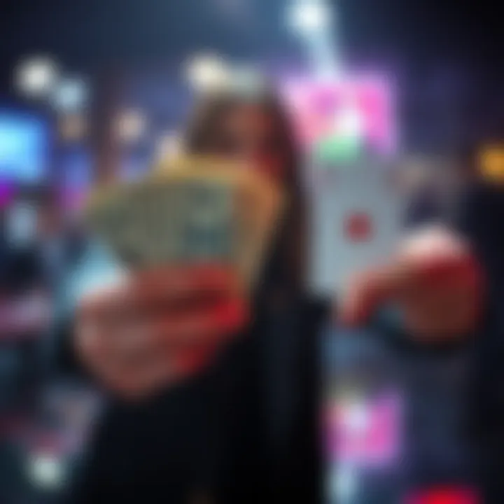 A person holding cash in one hand and a playing card in the other, weighing their options between cash and gambling stakes.