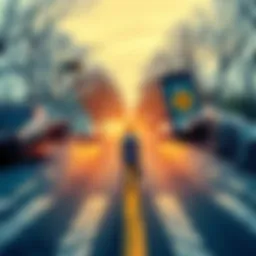 A person standing at a crossroads, deciding between cash payment and a ride service option, with money in one hand and a phone showing a ride service app in the other.