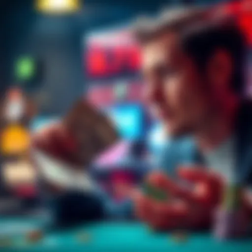 A person pondering between cashing out money or continuing to play a game, with cash in one hand and game tokens in the other.