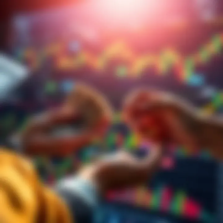 A person weighing cash in one hand and waiting for market changes in the other, with financial graphs in the background.