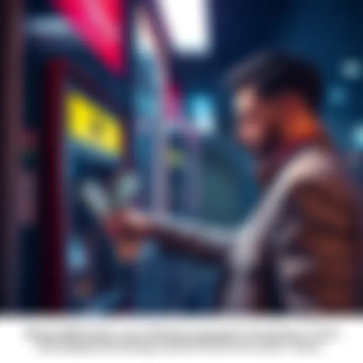 Person withdrawing cash from an ATM while looking around cautiously